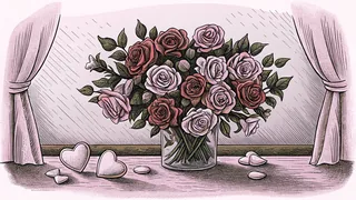 Roses overflow from a vase beside heart-shaped chocolates on Valentine's Day.