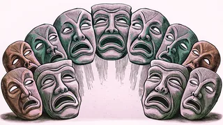 Expressive face masks displaying various emotions from joy and wonder to fear and anger.