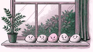 Smooth painted pebbles with simple drawn expressions line a sunny windowsill next to a potted plant.