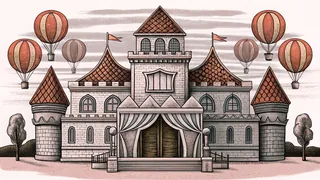 A castle silhouette, balloons, and a carousel horse create a fantasy scene.