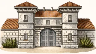 A suit of armor and a shield rest beside the stone gate of a manor house.