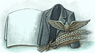 A blue corduroy jacket hangs beside a brass eagle pin and a bundle of wheat.