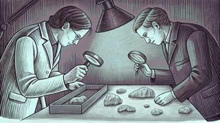 Researchers study rock specimens and minerals under bright magnification in a modern lab.