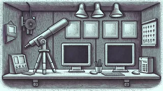 Advanced laboratory equipment including a telescope and robotic arm stands ready for research.