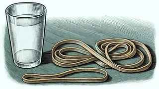 Sugar dissolves in a glass of water beside a stretched rubber band lit by sunlight.