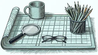 A magnifying glass, a mug of pencils and a folded pair of glasses sit on a tidy desk.
