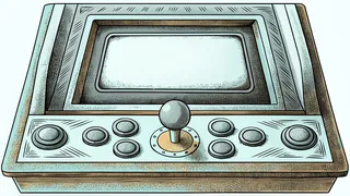 An upright arcade cabinet with a joystick, buttons and an empty lit screen.