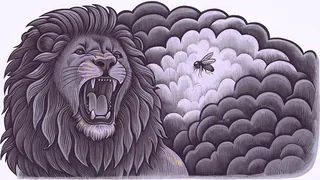 A lion roars beside a buzzing bee as a dark thundercloud towers overhead.