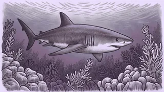 A large shark glides through crystalline blue waters past an island shore.