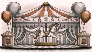 A carousel horse stands beside balloons and a music box on a carnival display.