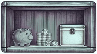 A ceramic piggy bank shares a shelf with stacked coins and a small locked tin box.