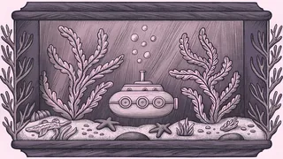 Coral branches lean against a model submarine with scattered pearls displayed in a glass aquatic diorama.