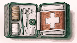 First aid supplies organized in an open medical kit