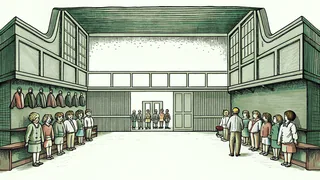 School uniforms hang on hooks beside nametags, schedules, and a forming queue.