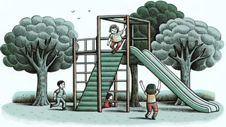 Children play and jump together on a sunlit playground.