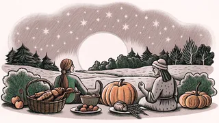 Wampanoag and pilgrim families feasting together outdoors with traditional harvest foods spread before them.