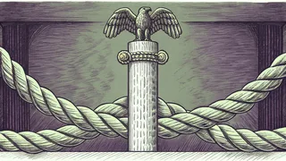 A brass eagle finial topping a white pole, with a coiled halyard rope beneath it.