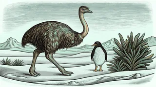 An ostrich walking across grassland beside a penguin on an icy Antarctic landscape.