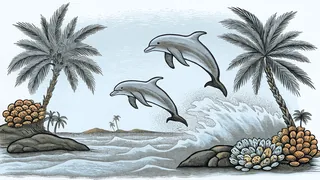 Dolphins jumping over coral reef with orange blossoms and palms on the beach.