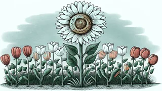 A tall sunflower rising above a garden of tulips and roses.