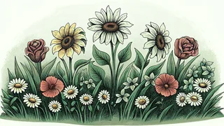 Bright sunflower towering over roses, irises, and daisies blooming in a garden.