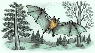A flying fox and gliding squirrel navigate the night sky above dense forest.