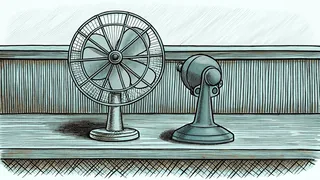 A pedestal fan standing beside a domed metal fixture on a stand.
