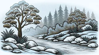 Foggy forest scene with mist rising from trees, dewdrops, and reduced visibility.