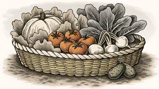 Fresh-harvested vegetables including tomatoes, lettuce, and radishes on dark garden soil