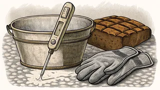 A probe thermometer rests in a chilled cut of meat next to a sanitizing bucket and a pair of gloves.