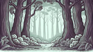 Woodland scene with layered vegetation from forest floor upward