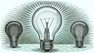 An illuminated light bulb surrounded by flowing electrical energy and vibrant sound waves.