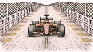A formula one car races on a wet track with painted barriers and skid marks.