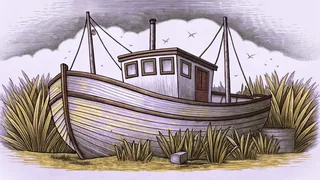 A weathered shrimp boat docks beside a grassy field under southern skies.