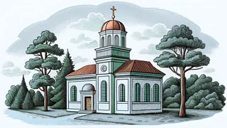 A historic church rises above gardens and a peaceful marshland with soaring eagles