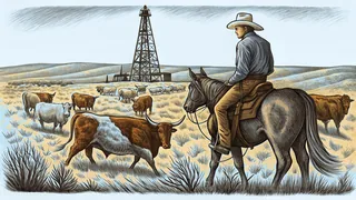 A rancher on horseback driving cattle across dusty Texas rangeland.