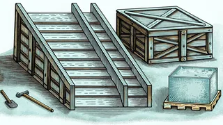 Half-built wooden ramps beside a pickaxe and a softly glowing crate.