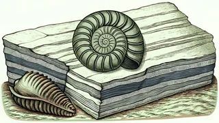 An ammonite fossil embedded in shale layers with a nearby trilobite imprint