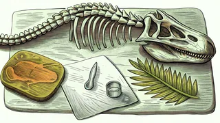 Paleontology specimens on a scientist's examination table.