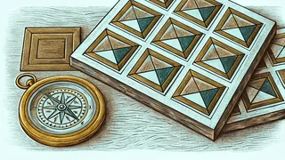 A compass and geometric shapes on a work surface.