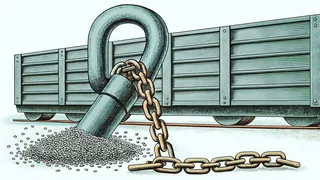 A horseshoe magnet draws iron filings near a small pulley and lever set on a table.
