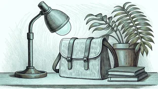 A brass desk lamp glows over a wooden chair and a canvas satchel in a quiet study corner.