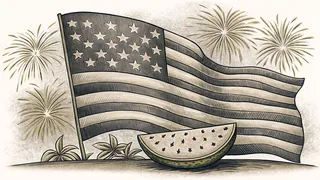 Brilliant fireworks burst above a patriotic flag as sparklers glow below.