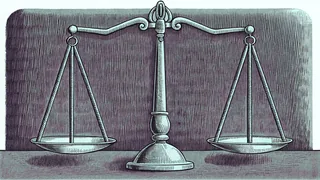 A brass balance scale displays colored counters representing equal fractions.