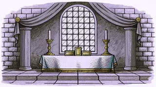 A candlelit laboratory contains brass coils and a storm window.