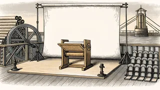 A wooden lectern stands in an empty hall, with a printing press and a harbour visible at dawn.