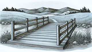 A covered bridge arches over a stream with rolling hills and distant mountain peaks
