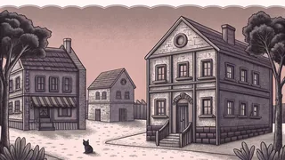 A French village scene with schoolhouse, bakery, home, and a cat