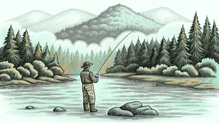 A fly fisherman casts into a clear lake framed by forested mountains.