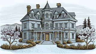 A historic mansion stands amid flowering trees with a zoo and mountains visible beyond